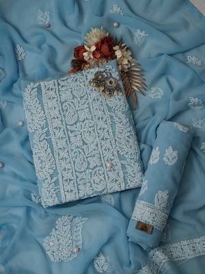 Ada Hand Embroidered Powder Blue Georgette Lucknowi Chikankari Indian Women Unstitched Suit Piece - A211296 1