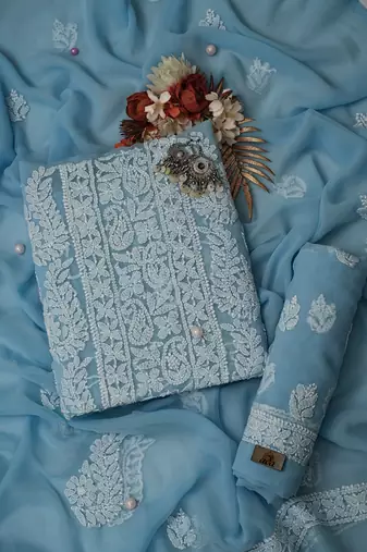 Ada Hand Embroidered Powder Blue Georgette Lucknowi Chikankari Indian Women Unstitched Suit Piece - A211296