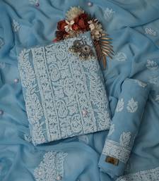 Ada Hand Embroidered Powder Blue Georgette Lucknowi Chikankari Indian Women Unstitched Suit Piece - A211296