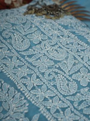 Ada Hand Embroidered Powder Blue Georgette Lucknowi Chikankari Indian Women Unstitched Suit Piece - A211296 2