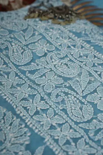 Ada Hand Embroidered Powder Blue Georgette Lucknowi Chikankari Indian Women Unstitched Suit Piece - A211296