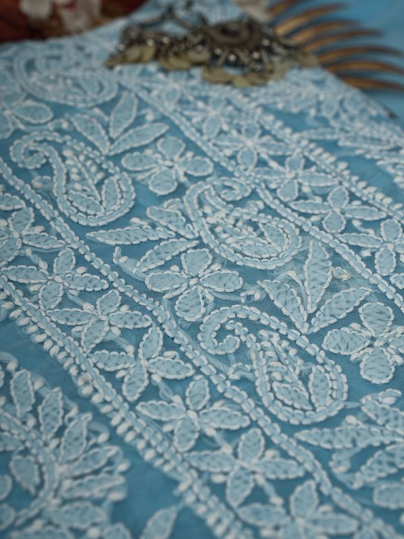 Ada Hand Embroidered Powder Blue Georgette Lucknowi Chikankari Indian Women Unstitched Suit Piece - A211296