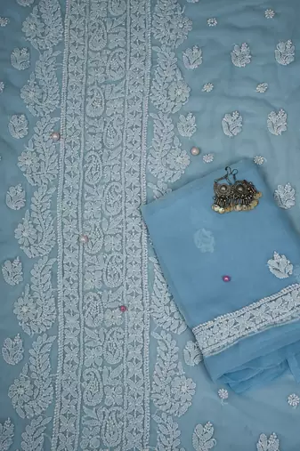 Ada Hand Embroidered Powder Blue Georgette Lucknowi Chikankari Indian Women Unstitched Suit Piece - A211296