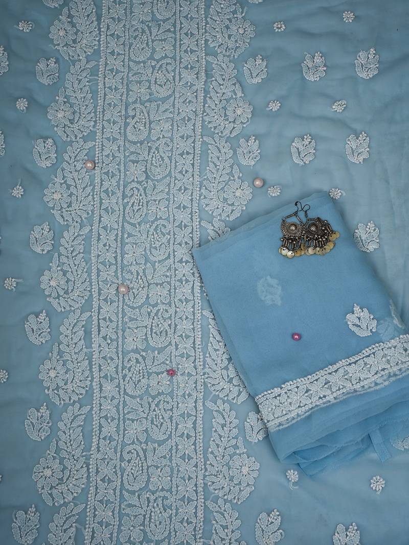 Ada Hand Embroidered Powder Blue Georgette Lucknowi Chikankari Indian Women Unstitched Suit Piece - A211296