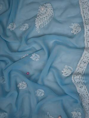 Ada Hand Embroidered Powder Blue Georgette Lucknowi Chikankari Indian Women Unstitched Suit Piece - A211296 5