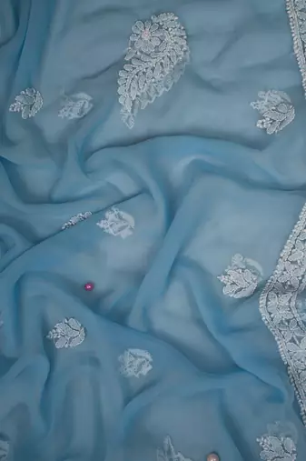 Ada Hand Embroidered Powder Blue Georgette Lucknowi Chikankari Indian Women Unstitched Suit Piece - A211296