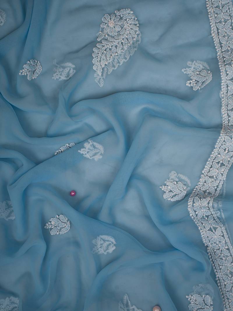 Ada Hand Embroidered Powder Blue Georgette Lucknowi Chikankari Indian Women Unstitched Suit Piece - A211296
