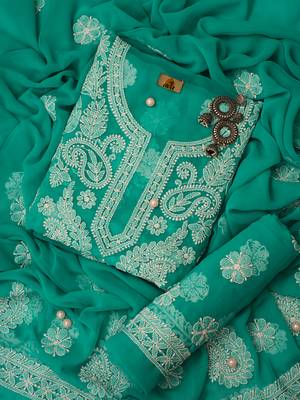 Hand Embroidered Rama Green Georgette Lucknowi Chikankari Indian Women Unstitched Suit Piece 1