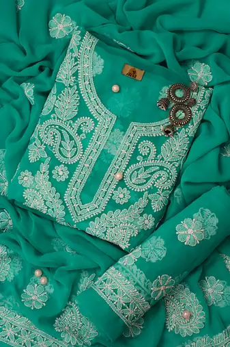 Hand Embroidered Rama Green Georgette Lucknowi Chikankari Indian Women Unstitched Suit Piece