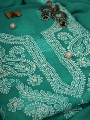 Hand Embroidered Rama Green Georgette Lucknowi Chikankari Indian Women Unstitched Suit Piece 2