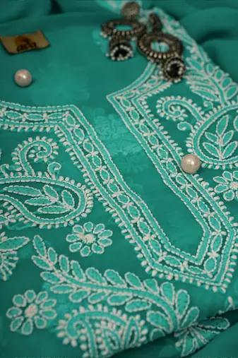 Hand Embroidered Rama Green Georgette Lucknowi Chikankari Indian Women Unstitched Suit Piece