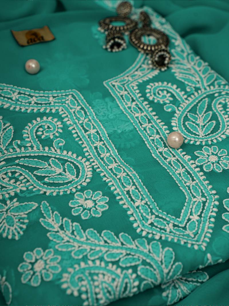 Hand Embroidered Rama Green Georgette Lucknowi Chikankari Indian Women Unstitched Suit Piece