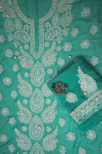 Hand Embroidered Rama Green Georgette Lucknowi Chikankari Indian Women Unstitched Suit Piece