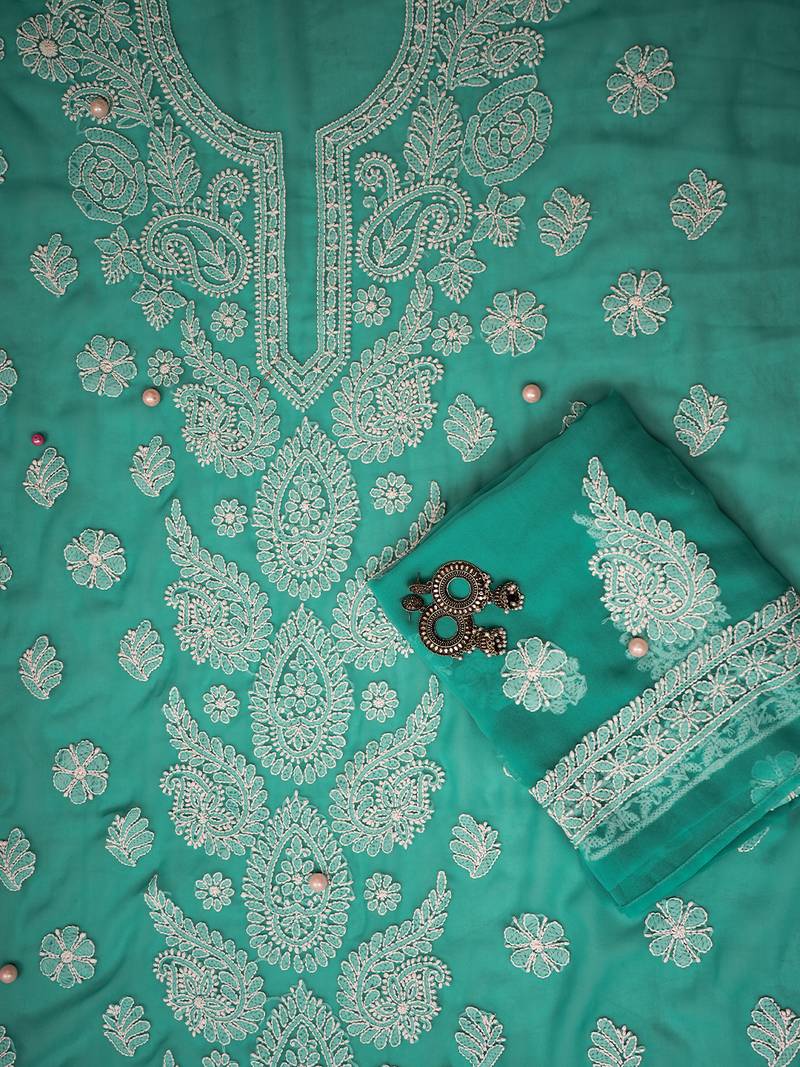 Hand Embroidered Rama Green Georgette Lucknowi Chikankari Indian Women Unstitched Suit Piece
