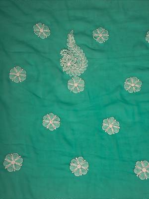 Hand Embroidered Rama Green Georgette Lucknowi Chikankari Indian Women Unstitched Suit Piece 4