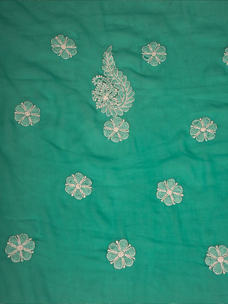 Hand Embroidered Rama Green Georgette Lucknowi Chikankari Indian Women Unstitched Suit Piece