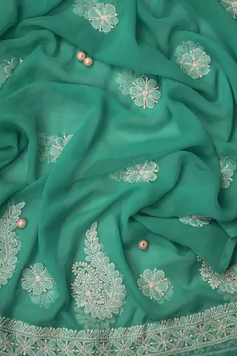 Hand Embroidered Rama Green Georgette Lucknowi Chikankari Indian Women Unstitched Suit Piece