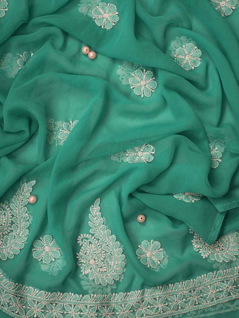 Hand Embroidered Rama Green Georgette Lucknowi Chikankari Indian Women Unstitched Suit Piece