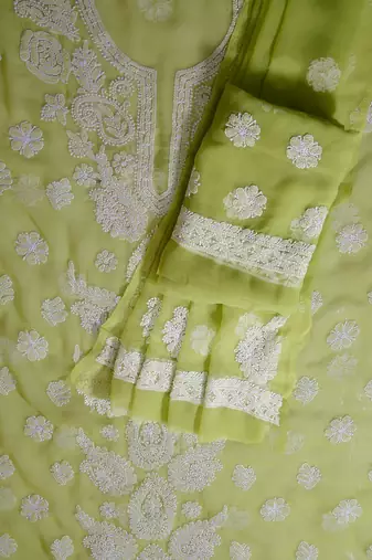 Ada Hand Embroidered Green Georgette Lucknowi Chikankari Indian Women Unstitched Suit Piece - A211310