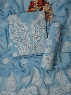 Hand Embroidered Powder Blue Georgette Lucknowi Chikankari Indian Women Unstitched Suit Piece  1