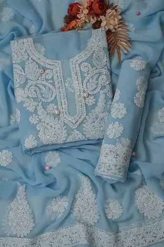 Hand Embroidered Powder Blue Georgette Lucknowi Chikankari Indian Women Unstitched Suit Piece 