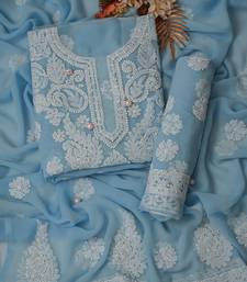 Hand Embroidered Powder Blue Georgette Lucknowi Chikankari Indian Women Unstitched Suit Piece 