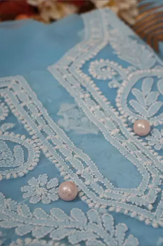 Hand Embroidered Powder Blue Georgette Lucknowi Chikankari Indian Women Unstitched Suit Piece 