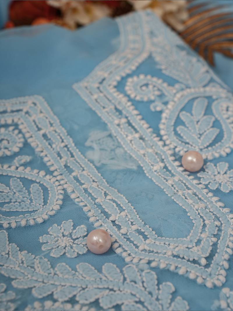 Hand Embroidered Powder Blue Georgette Lucknowi Chikankari Indian Women Unstitched Suit Piece 