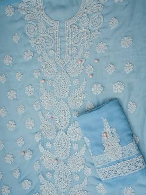 Hand Embroidered Powder Blue Georgette Lucknowi Chikankari Indian Women Unstitched Suit Piece  3