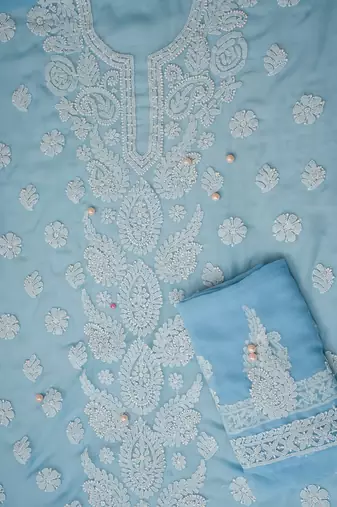 Hand Embroidered Powder Blue Georgette Lucknowi Chikankari Indian Women Unstitched Suit Piece 