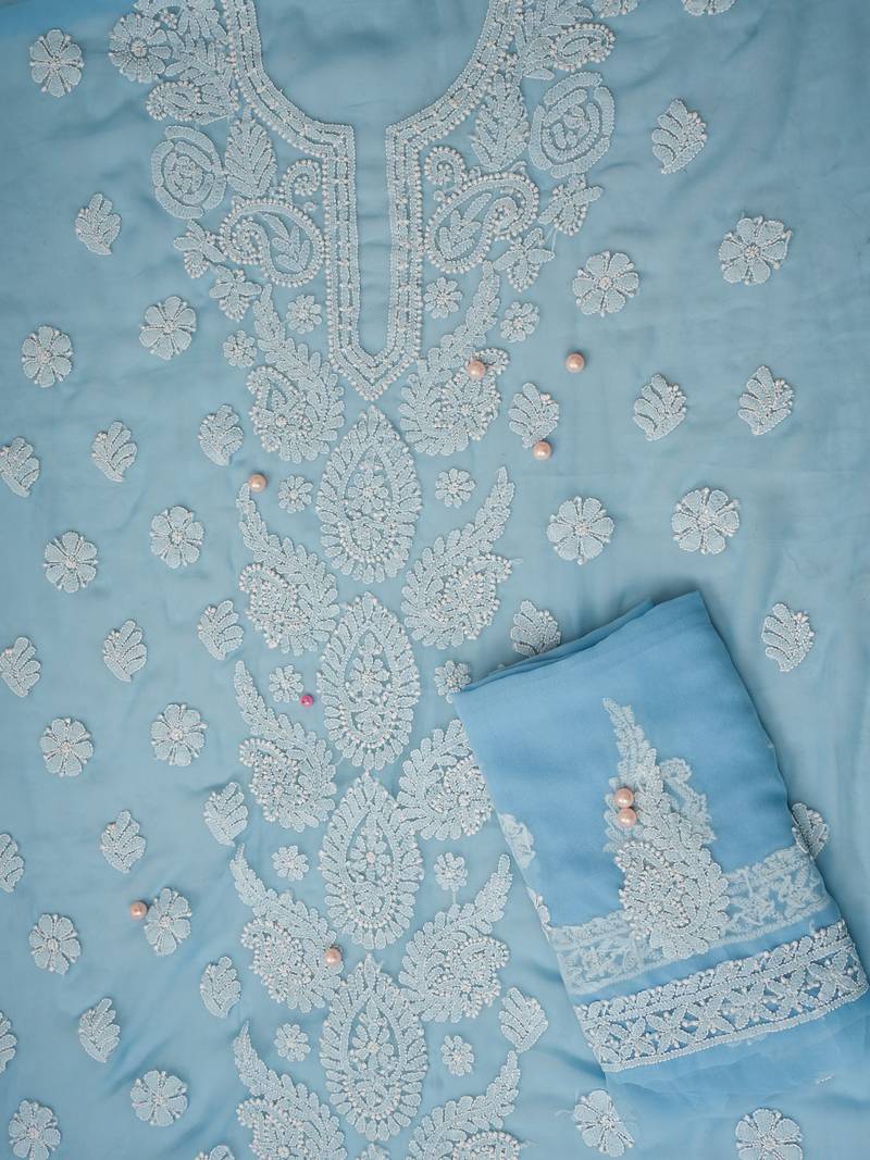 Hand Embroidered Powder Blue Georgette Lucknowi Chikankari Indian Women Unstitched Suit Piece 