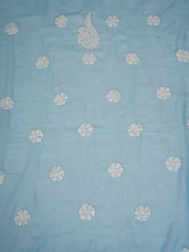 Hand Embroidered Powder Blue Georgette Lucknowi Chikankari Indian Women Unstitched Suit Piece 