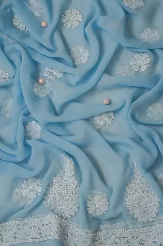 Hand Embroidered Powder Blue Georgette Lucknowi Chikankari Indian Women Unstitched Suit Piece 