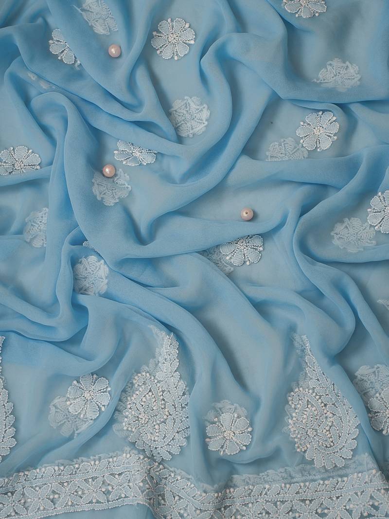 Hand Embroidered Powder Blue Georgette Lucknowi Chikankari Indian Women Unstitched Suit Piece 