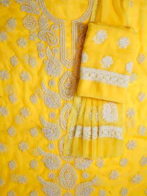 Hand Embroidered Yellow Georgette Lucknowi Chikankari Indian Women Unstitched Suit Piece 2
