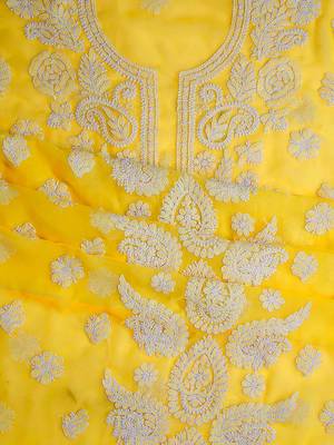 Hand Embroidered Yellow Georgette Lucknowi Chikankari Indian Women Unstitched Suit Piece 3