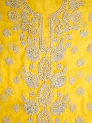 Hand Embroidered Yellow Georgette Lucknowi Chikankari Indian Women Unstitched Suit Piece 4