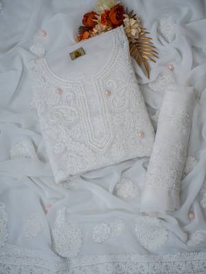Handcrafted White Georgette Lucknowi Chikankari Indian Women Unstitched Suit Piece 1