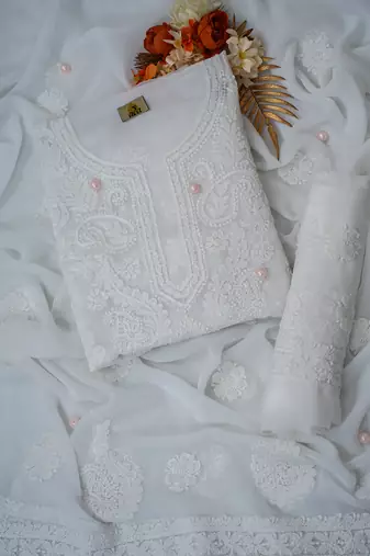 Handcrafted White Georgette Lucknowi Chikankari Indian Women Unstitched Suit Piece