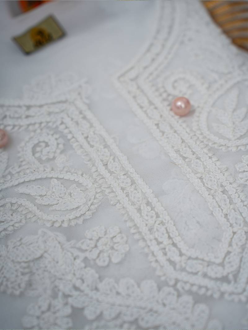 Handcrafted White Georgette Lucknowi Chikankari Indian Women Unstitched Suit Piece