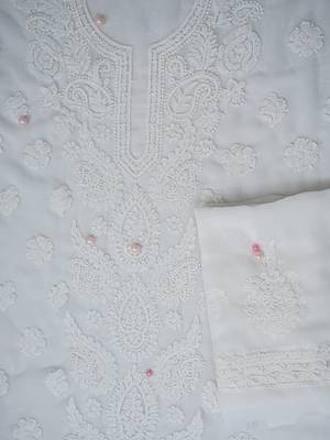 Handcrafted White Georgette Lucknowi Chikankari Indian Women Unstitched Suit Piece 3
