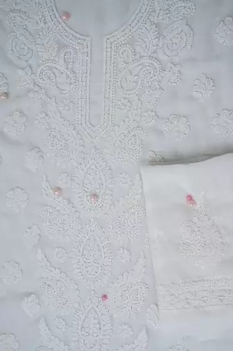 Handcrafted White Georgette Lucknowi Chikankari Indian Women Unstitched Suit Piece