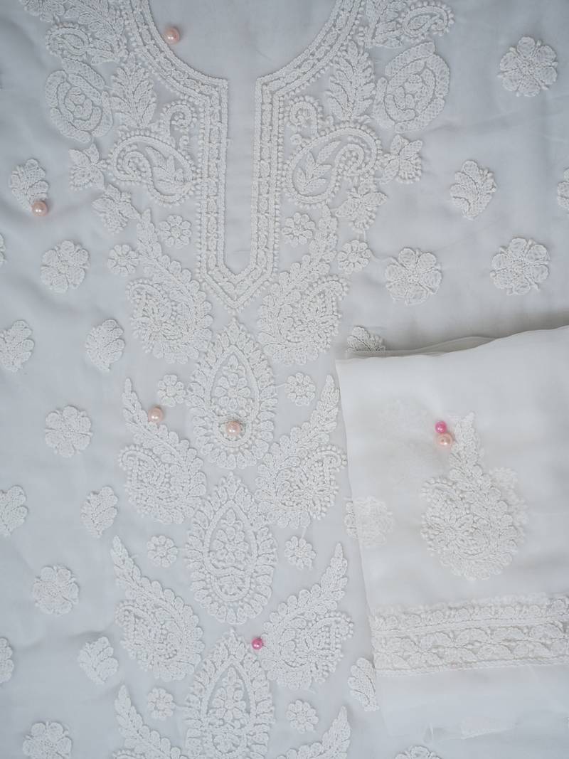 Handcrafted White Georgette Lucknowi Chikankari Indian Women Unstitched Suit Piece