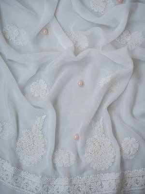 Handcrafted White Georgette Lucknowi Chikankari Indian Women Unstitched Suit Piece 5