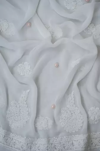 Handcrafted White Georgette Lucknowi Chikankari Indian Women Unstitched Suit Piece