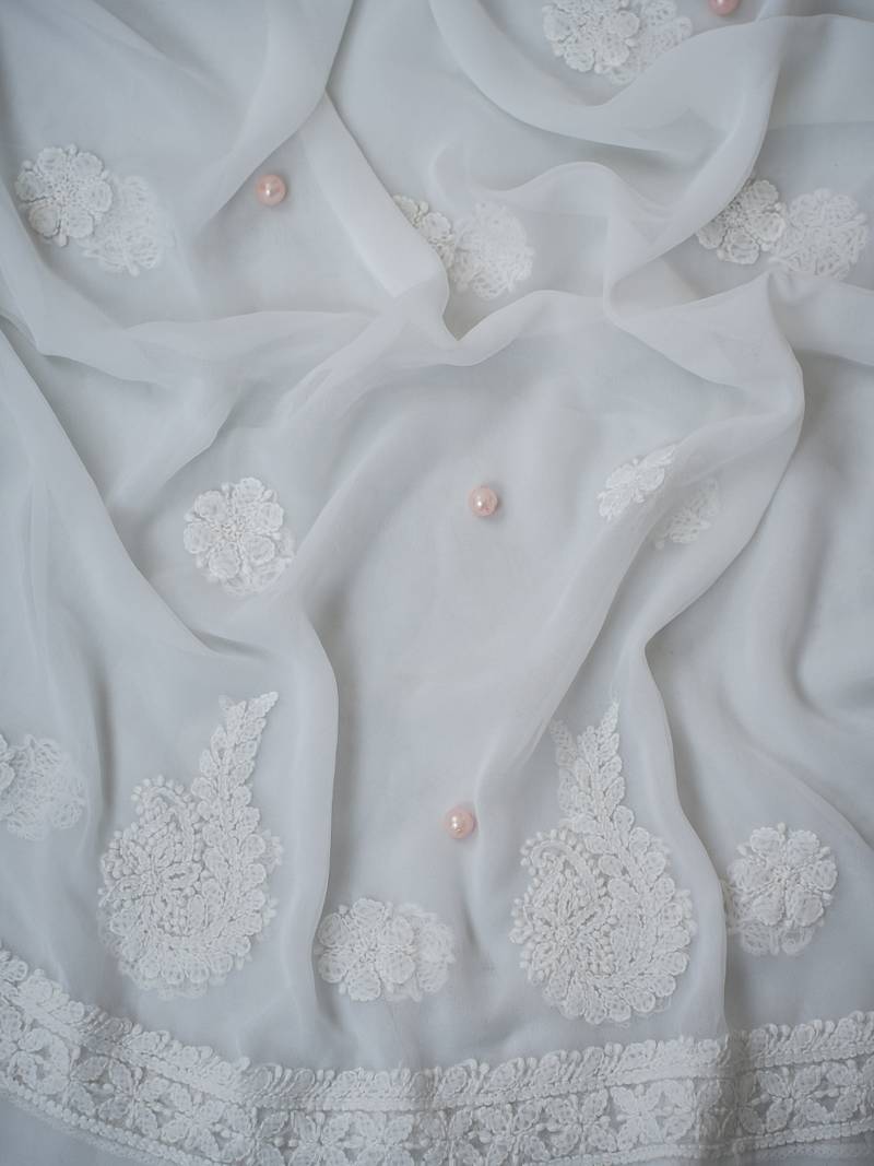 Handcrafted White Georgette Lucknowi Chikankari Indian Women Unstitched Suit Piece