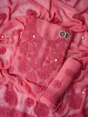 Hand Embroidered Salmon Peach Georgette Lucknowi Chikankari Indian Women Unstitched Suit Piece 1