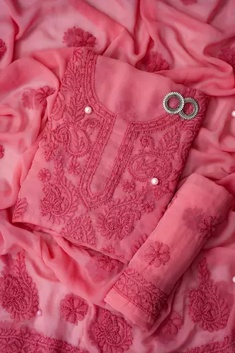 Hand Embroidered Salmon Peach Georgette Lucknowi Chikankari Indian Women Unstitched Suit Piece