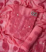 Hand Embroidered Salmon Peach Georgette Lucknowi Chikankari Indian Women Unstitched Suit Piece