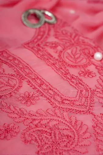 Hand Embroidered Salmon Peach Georgette Lucknowi Chikankari Indian Women Unstitched Suit Piece